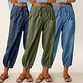 baratos Partes inferiores-Conjunto com 3 calças capri femininas de algodão, ideais para o verão, casuais, básicas, cintura alta, lisas, com bolsos, cintura elástica, confortáveis, respiráveis, sem elasticidade, para uso diário, em casa e nas férias, nas cores azul, azul marinho e