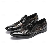 Χαμηλού Κόστους Δερμάτινα Loafers Premium-Ανδρικά μαύρα μοκασίνια από λουστρίνι με κεντημένη μύτη και μεταλλικό στέλεχος, για γάμους, δεξιώσεις, πάρτι, χορούς, νυχτερινά κέντρα και βραδινές εξόδους ανδρών.