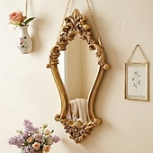 cheap Sculptures-Vintage Gold Decorative Wall Mirror, 3D Classical Floral Resin Hand-Painted Hanging Mirror, Home Wall Art for Bathroom, Vanity, Bedroom Décor, Holiday Gift, Photography Prop