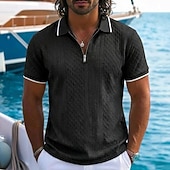 baratos Polo Clássico Masculino-Homens Polo com zíper Textura Casual Feriado Lapela Quarter Zip Manga Curta Moda Básico Tecido Jacquard Quarter Zip Verão Normal Azul Claro Preto Branco Vinho Azul Marinha Caqui Polo com zíper