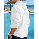 tanie Casualowa koszulka Henley-Męskie Koszula bawełniano-lniana Podkoszulek Koszula Henley Koszulka z długim rękawem Długi rękaw Kaptur Wiosna Jesień Równina Moda Moda miejska Codzienny Ściągana na sznurek Guziki Codzienny Urlop