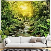 cheap Wall Tapestries-Nature Forest Wall Tapestry Sunrays Sunlight Through Trees Landscape Wall Hanging Misty Woodland Mossy Pine Forest Scenery Large Fabric Poster for Bedroom Living Room Zen Decor