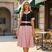 cheap Dresses-1950s Retro Vintage Rockabilly Midi Dress Swing Dress Flare Dress Short Sleeves With Belt Polka dots Fit &amp; Flare Swing Turndown Fancy Dress Women's Casual Dailywear Tea Party Adults' Dress Spring