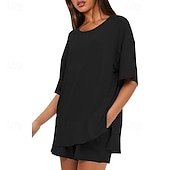 cheap Women's Blouse Suits-Women's Two Piece Sets Shorts Sets Short Sleeve Round Neck Plain Fashion Streetwear Casual Daily Outdoor Black Brown Summer Regular Fit