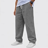 baratos Clássico-Homens Calças de linho Calças Calça verão Calças largas Calças de praia Com Cordão Cintura elástica Perna reta Tecido Conforto Respirável Comprimento total Casual Diário Feriado Moda Básico Preto
