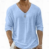 Недорогие Хлопковые Льняные Футболки-Муж. Футболка Футболка из льна Длинный рукав V-образный вырез Лето Весна Весна лето Сплошной цвет Полотняное плетение Повседневные На каждый день Уличный стиль Гладкая ткань