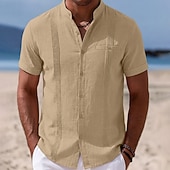 billiga Semester-Herr Skjorta Linneskjorta Sommarskjorta Strandskjorta Hawaii skjorta Ensfärgat Ledigt Dagligen Blå Mörkgul Svart Marinblå Kortärmad Krage Vår &amp; sommar Sommar Kläder Rynkad