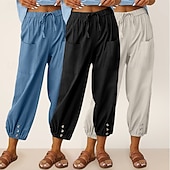 baratos Partes inferiores-Conjunto com 3 calças capri femininas de algodão, ideais para o verão, casuais, básicas, cintura alta, lisas, com bolsos, cintura elástica, confortáveis, respiráveis, sem elasticidade, para uso diário, em casa e nas férias, nas cores azul, azul marinho e