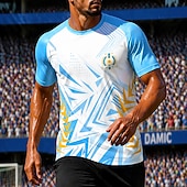  Camiseta de futebol masculina estilo argentino com estampa geométrica em degradê azul e branco, manga curta, proteção solar UPF 50, tecido de malha respirável de secagem rápida, modelo 2026, ideal