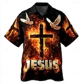 preiswerte Vintage Hemd-Herren Kreuzfahrer Kreuz Jesus Hemd Knopfhemd Camp-Kragenhemd Kurzarm Vintage-Retro Streetwear Ferien Sommer Frühling Kubanisches Halsband 3D-Druck Blau Schwarz Braun