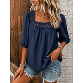  Mulheres Camisas com toque de linho Blusa Guarnição do laço Côr Sólida Diário à moda Básico Manga 3/4 Decote Quadrado Tops regulares Casual Diário Azul Branco Rosa Azul Marinha Verde Verão Primavera
