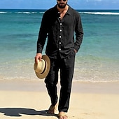 abordables Chemises lin et coton-Homme Chemise en lin Deux pièces Ensemble Chemise Et Pantalons en Lin Pantalons Pantalon décontracté Set Uni Quotidien Extérieur Plage Col Rabattu manche longue Été Printemps Mode Occasionnel