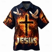 preiswerte Vintage Hemd-Herren Kreuzfahrer Kreuz Jesus Hemd Knopfhemd Camp-Kragenhemd Kurzarm Vintage-Retro Streetwear Ferien Sommer Frühling Kubanisches Halsband 3D-Druck Blau Schwarz Braun