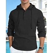 tanie Casualowa koszulka Henley-Męskie Koszula bawełniano-lniana Podkoszulek Koszula Henley Koszulka z długim rękawem Długi rękaw Kaptur Wiosna Jesień Równina Moda Moda miejska Codzienny Ściągana na sznurek Guziki Codzienny Urlop
