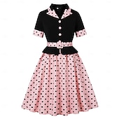 cheap Dresses-1950s Retro Vintage Rockabilly Midi Dress Swing Dress Flare Dress Short Sleeves With Belt Polka dots Fit &amp; Flare Swing Turndown Fancy Dress Women's Casual Dailywear Tea Party Adults' Dress Spring