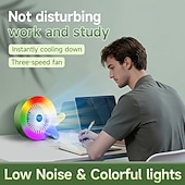 お買い得  携帯扇風機-カラフルなRGB LEDライト付きQ字型卓上ファン、3段階速度調節可能な静音パーソナルテーブルファン、オフィス、寝室、寮のナイトスタンドに最適なポータブルUSB充電式小型ファン、クリエイティブな冷却ファンナイトライトギフト