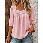  Mulheres Camisas com toque de linho Blusa Guarnição do laço Côr Sólida Diário à moda Básico Manga 3/4 Decote Quadrado Tops regulares Casual Diário Azul Branco Rosa Azul Marinha Verde Verão Primavera