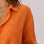 cheap Plain Blouses-Women's Shirt Summer Shirt Casual Shirt Button Up Shirt Ruched Solid Color Plain Elegant Vacation Fashion Long Sleeve Turndown Long Tops Streetwear Beach Holiday Sage Green Pink Orange Rose Pink
