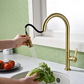 Недорогие Смесители для кухни-Кухонный смеситель с выдвижным распылителем, однорычажный смеситель с высоким изливом для мойки, прочная латунная конструкция, двухфункциональная распылительная головка, простая установка.