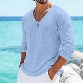 abordables T-shirts en Coton et Lin-Homme T-shirt T-shirt en lin manche longue Col en V Printemps &amp; Été Été Printemps Couleur Unie Uni Quotidien Occasionnel street style Pur Occasionnel Extérieur Rue Bleu Blanche Bleu Clair T-shirt