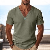 abordables Camisetas de Algodón y Lino-Hombre Camiseta Camisa manga corta Camiseta superior Camiseta de lino Manga Corta Escote en Pico Escote Primavera verano Verano Primavera Color sólido Plano Ropa de calle Elegante Ocio Clásico Puro