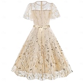 cheap Dresses-1950s Retro Vintage Midi Dress Swing Dress Flare Dress Short Sleeves Embroidered Leaf Fit &amp; Flare Swing Round Neck Fancy Dress Women's Casual Evening Party Tea Party Adults' Dress Spring &amp; Summer