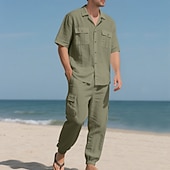 cheap Cotton Linen Shirt-Men's Linen Shirt 2 Piece Shirt Set And Cargo Pants Linen Pants Trousers Set Plain Casual Daily Outdoor Turndown Short Sleeves Summer Fashion Casual Comfortable Clothing Apparel