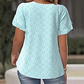 abordables Tops de Encaje-Mujer Parte superior con ojales Camiseta de punto Camiseta de encaje Color sólido Elegante Manga Corta Cuello Barco Tops regulares Casual Diario Fin de semana Bleu Ciel Verano Primavera