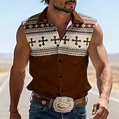 abordables camisas occidentales de los hombres-Hombre Cruz Étnico Bloqueo de color camisa occidental Camisa vaquera Camisa sin mangas Sin Mangas Vintage estilo occidental Exterior Vacaciones Verano Primavera Cuello Vuelto Impresión 3D Camisas con