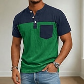 preiswerte Lässiges Henley-T-Shirt-Herren Henley Hemd Hemd aus 100 % Baumwolle in Säurewaschung Kurzarm Henley Sommer Frühling Ganzjahres Farbblock Patchwork Retro Vintage Lässig Henley Patchwork Vintage-Stil Farbblock Lässig Blau Kaki