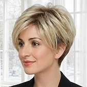 baratos peruca mais velha-Peruca sintética moderna estilo pixie curto para mulheres - loiro platinado com camadas sutis e volume texturizado