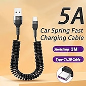 baratos Cabos de telemóvel-Pacote com 2 cabos USB-C espirais de 5A para carro, cabo de carregamento rápido USB-A para Tipo-C com mola, extensível até 1 m, cabo de dados espiral para Android Auto, Samsung Galaxy S24, S23, S22,