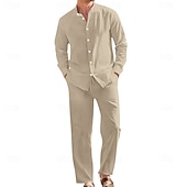 abordables Chemises lin et coton-Homme Chemise en lin Deux pièces Ensemble Chemise Et Pantalons en Lin Pantalons Pantalon décontracté Set Uni Quotidien Extérieur Vacances Col grand-père manche longue Été Printemps Mode Occasionnel