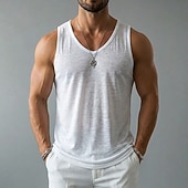 billige Treningsskjorter uten armer-Herre Linne Tank Top Ermeløs skjorte Wifebeater skjorte Ermeløs Crew-hals V-hals Sommer Vår Alle årstider عادي Mote Grunnleggende Bohemsk Tynn Myk Ren Avslappet Strand Feriereise Blå Svart Hvit Topp