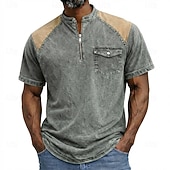 cheap Casual Henley Tee-Men's Henley Shirt 100% Cotton Acid Wash Shirt Short Sleeve Plain Solid Vintage Retro Vintage Casual Zipper Vintage Style Garment Dyed Henley Casual Spring &amp; Summer Summer Spring Black Pink Light