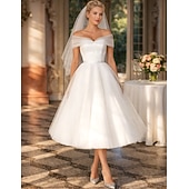 baratos Vestidos brancos pequenos-De Baile Longuette Vestidos de noiva Vestidos para Chá de Panela Vestido de Noiva Vestidos Brancos Justos Alças Ombro a Ombro Graduação Aniversário Renda Tule com Pregas Apliques