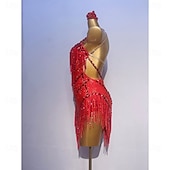 cheap Competition Dress-Women's Red Sequin Fringe Latin Dance Dress Halter Deep V Ballroom Competition Dress