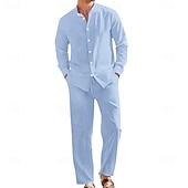 abordables Chemises lin et coton-Homme Chemise en lin Deux pièces Ensemble Chemise Et Pantalons en Lin Pantalons Pantalon décontracté Set Uni Quotidien Extérieur Vacances Col grand-père manche longue Été Printemps Mode Occasionnel