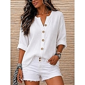  Mujer Camisas de algodón y lino Vacaciones Casual Blanco Amarillo Rosa Morado Azul claro Verano Primavera