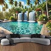 ieftine Tapiserie Pereți-Paradis tropical, cascadă, piscină, palmieri, peisaj natural, tapiserie de perete, fundal textil mare, pentru living, dormitor, cămin, birou, decor de perete, artă murală