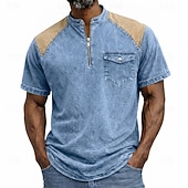 cheap Casual Henley Tee-Men's Henley Shirt 100% Cotton Acid Wash Shirt Short Sleeve Plain Solid Vintage Retro Vintage Casual Zipper Vintage Style Garment Dyed Henley Casual Spring &amp; Summer Summer Spring Black Pink Light