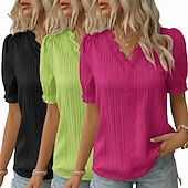 ieftine tricou simplu-pachete multiple 3 buc bluză texturată pentru femei tricou top dantelă patchwork simplu modă elegant clasic mânecă scurtă decolteu în V topuri obișnuite casual zilnic plajă alb+fucsia+galben