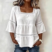 abordables Chemises-Haut classique en coton et lin pour femme, élégant, à empiècements de dentelle et volants superposés, manches 3/4, col carré, coupe droite, idéal pour un look décontracté au quotidien. Disponible en