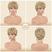 economico Perucas Sintéticas sem Touca-Blonde Pixie Wigs for Women - Short Natural Layered Haircut Synthetic Heat Resistant Hair Wig for Daily Costume Light Blonde