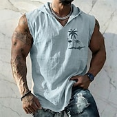 cheap Vacation Tropical T Shirts-Men's Flamingo Palm Tree Tropical Boho Vintage Sleeveless Hooded Vest Graphic Cotton Linen Frayed Raw Hem Loose Fit Beach Vacation Designer Clothing Apparel S M L XL XXL XXXL