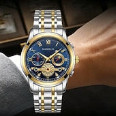 abordables Montres à quartz-Montre homme à cadran bleu, montre-bracelet de luxe à phases de lune, montre analogique bicolore en acier inoxydable avec volant squelette &amp;Coffret cadeau, cadeau élégant et étanche pour homme, argent