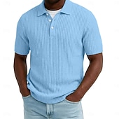 preiswerte Klassisches Poloshirt für Herren-Herren Rippenstrick-Top Textur Lässig Arbeit Revers Gerippter Polokragen Kurzarm Basic Modern Farbblock Knöpfe Gestrickt Frühling &amp; Sommer Sommer Frühling Normale Passform Blau Weiß Gelb Burgunderrot