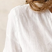 cheap Plain Blouses-Women's Shirt Casual Shirt Button Up Shirt Faux Cotton Linen Pocket Buttons Solid Color Plain Elegant Vacation Fashion Long Sleeve Stand Collar Regular Tops Daily Streetwear Holiday White Summer