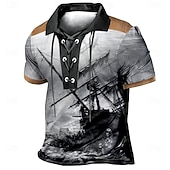 tanie Męska koszulka polo w stylu vintage-Męskie Statek Koszulki polo Krótki rękaw Koszulki polo Zasznurować szyję Zabytkowe Codzienny Streetwear Dzienne zużycie Druk 3D Oddychająca siateczka Wiosna i lato Niebieski Brązowy Zielony