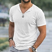 billige Bomull Lin T-skjorter-Herre T-skjorte T-skjorte i lin Kort Erme V-hals Sommer عادي Mote Designer Grunnleggende Myk Ren Avslappet Feriereise Gate Blå Svart Hvit Topp T-skjorte for menn